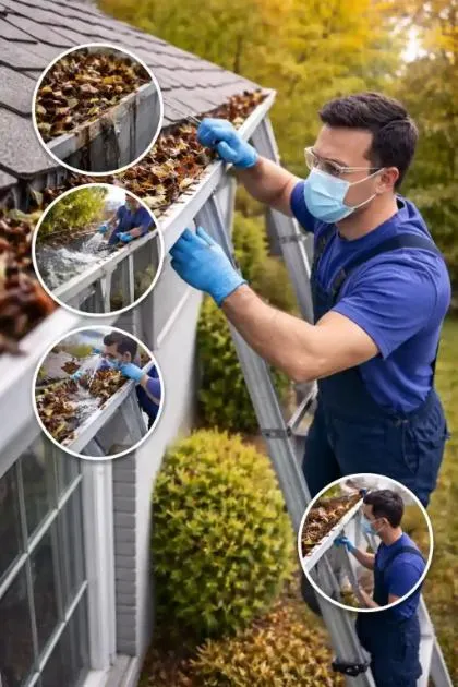 Cleaning gutters on a clear day
