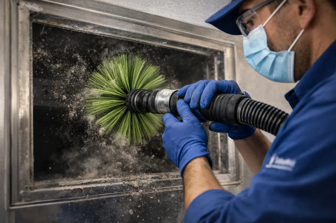 Close-up of HVAC air duct cleaning showing dust and debris removal