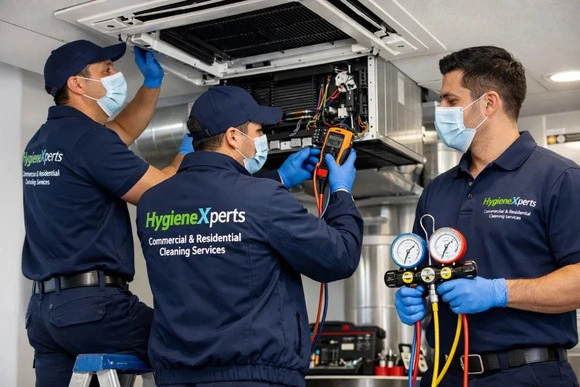 Professional HVAC technician servicing air conditioning system in Sydney home
