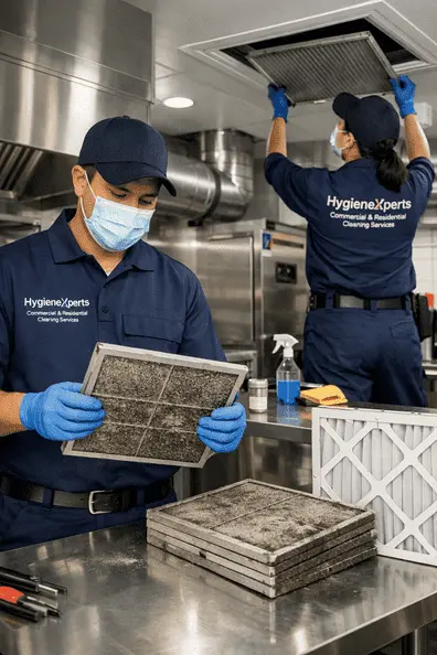 HVAC filter cleaning showing dust and debris removal in progress