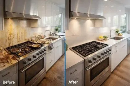 Kitchen canopy before and after professional grease removal Sydney