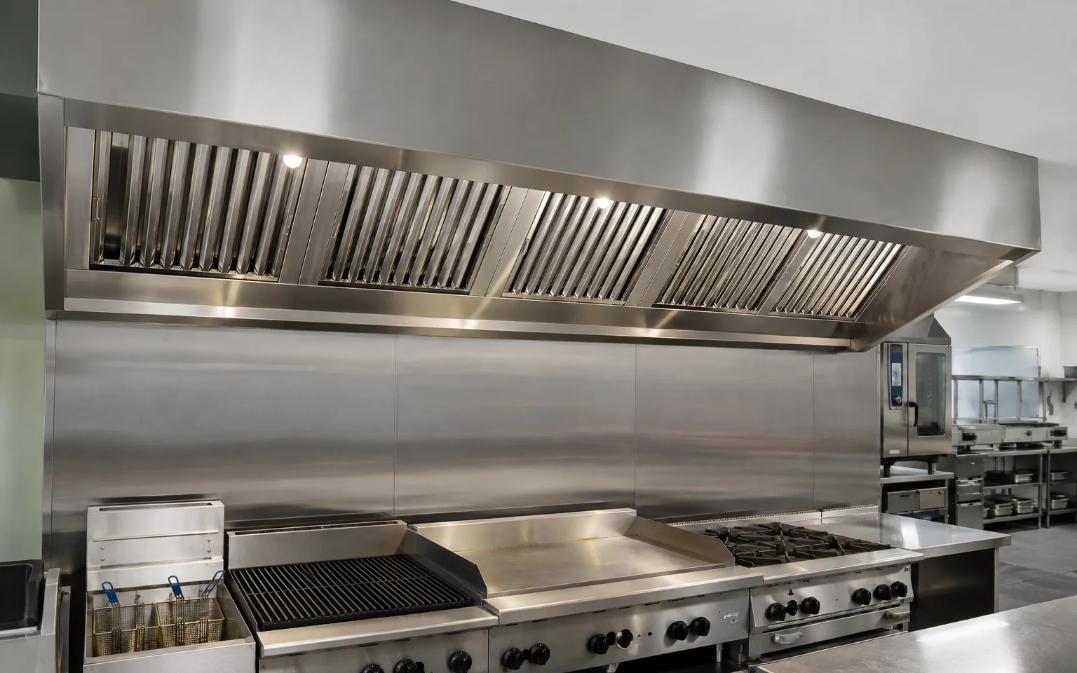 Stainless steel exhaust canopy and filters above the cookline of a commercial kitchen