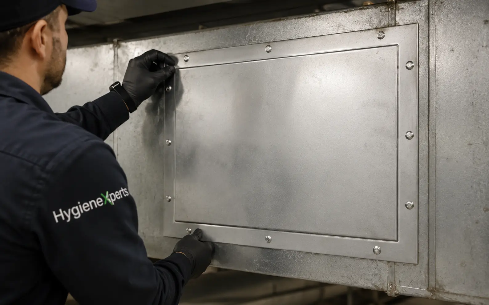 HygieneXperts technician fitting a bolted, sealed access panel into a commercial kitchen exhaust duct in Sydney