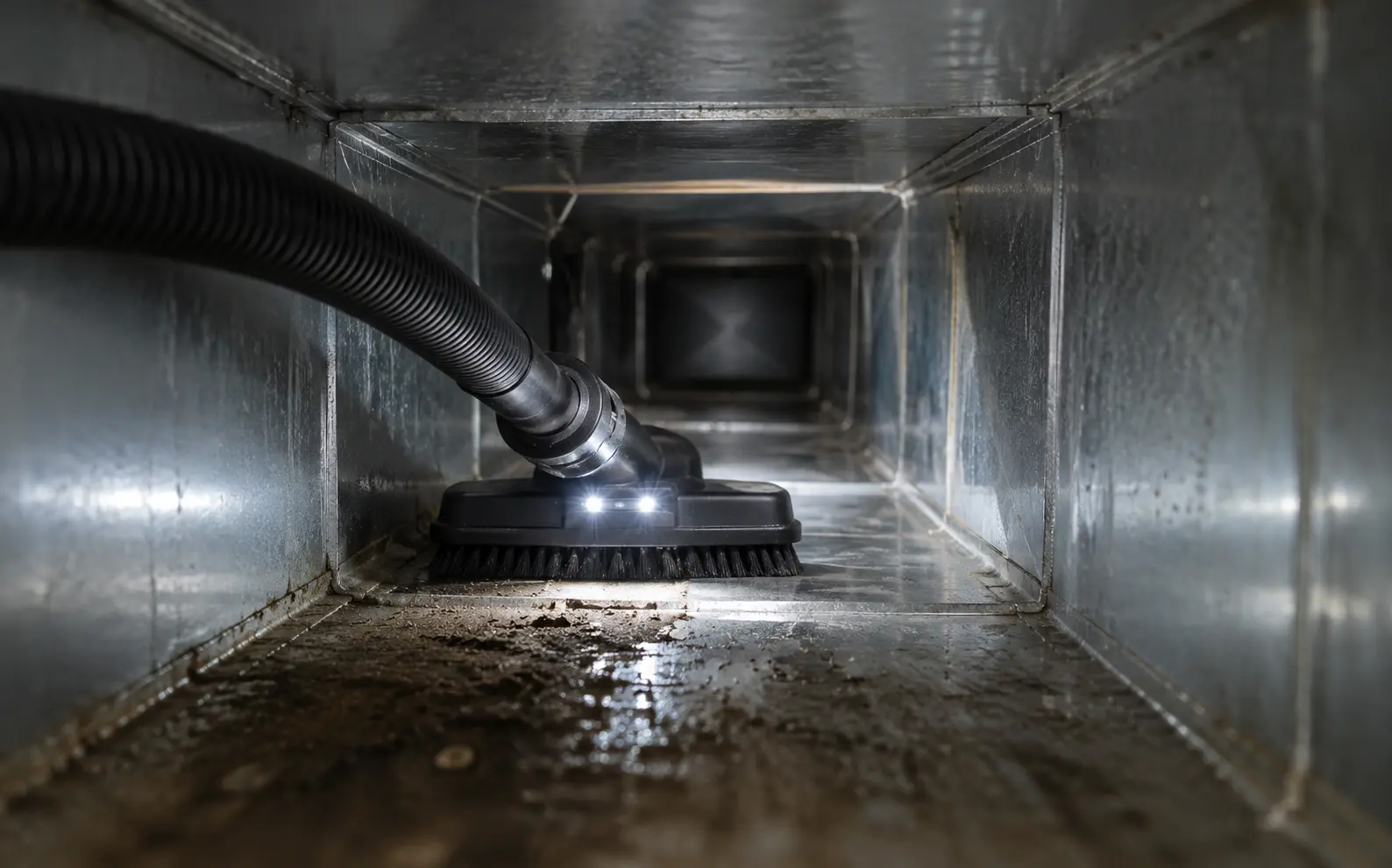 Long run of grease-lined commercial kitchen ductwork in Sydney, reached with a brush head and vacuum hose