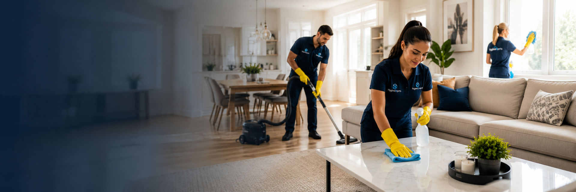 HygieneXperts cleaners vacuuming, wiping a coffee table and washing windows in a bright open-plan living room