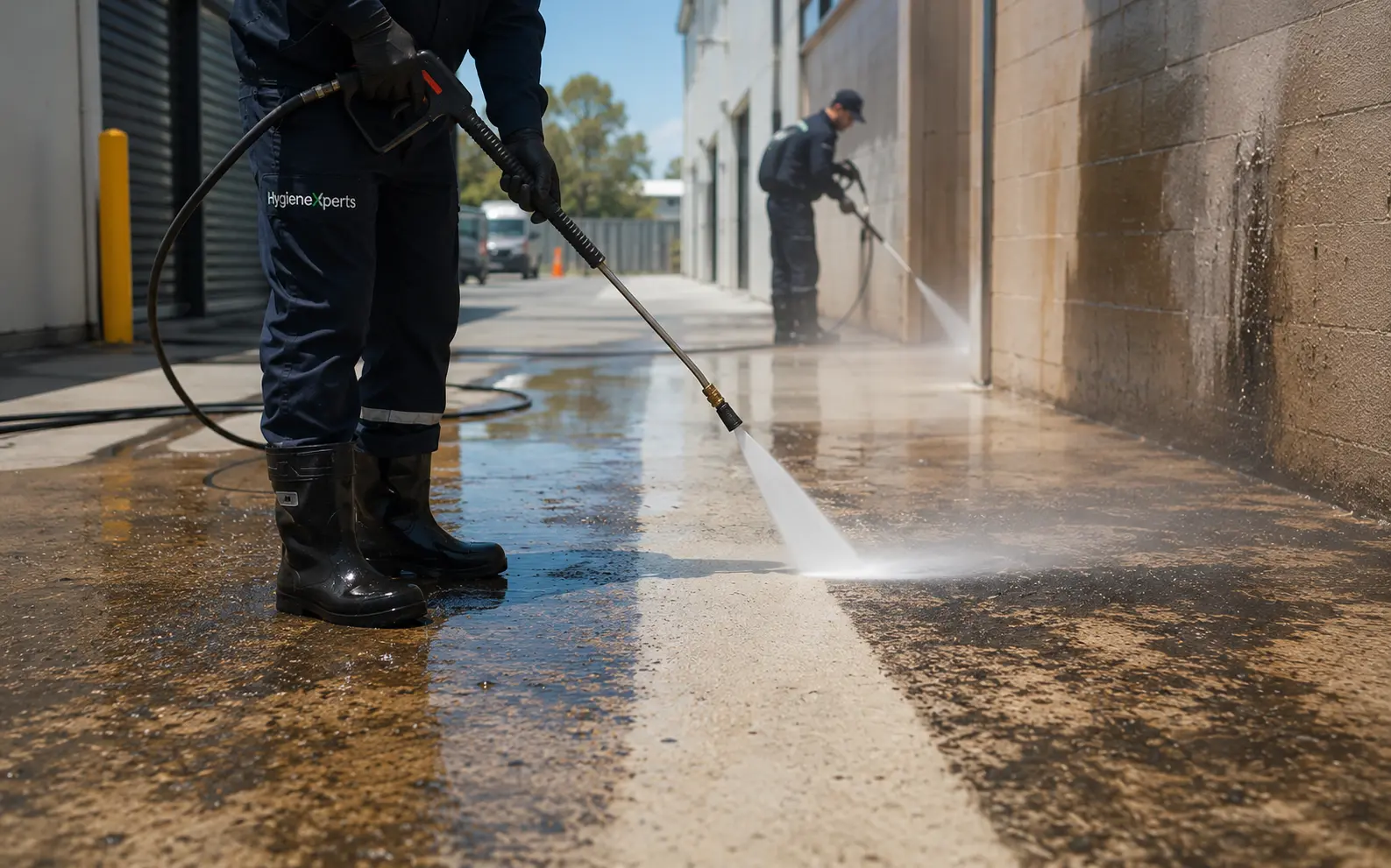 High-pressure cleaning of a commercial driveway and building exterior in Sydney, NSW