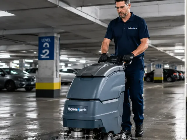Walk-behind floor scrubber working across the wet concrete deck of an undercover car park, parked bays and a Level 2 pillar sign behind it