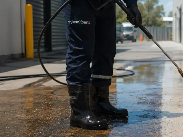 Operator in work boots pressure washing the wet concrete apron outside a roller shutter door, hose and lance in hand and a delivery van in the lane behind