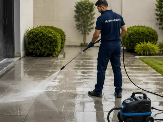 Operator pressure washing a paved walkway along a building frontage, one strip of paving already washed pale against the grimy paving beside it