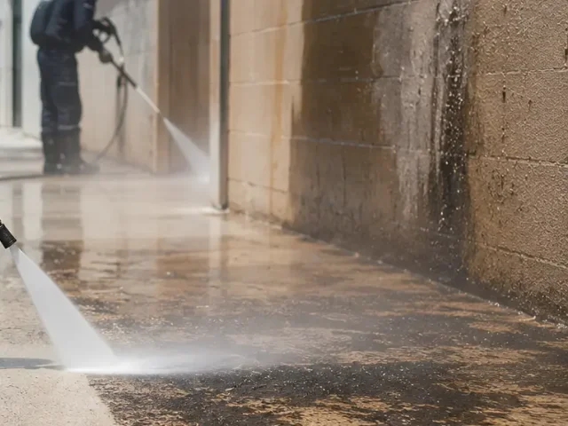 Pressure washing lance stripping grime from a stained concrete hardstand beside an industrial block wall, a second operator washing the wall further down