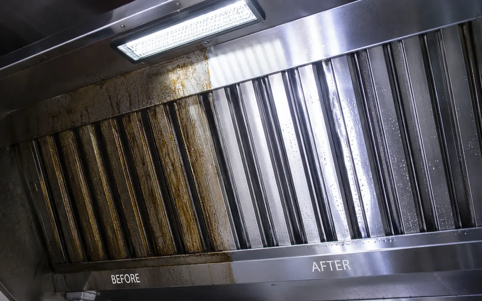 Commercial rangehood, canopy and filter degreasing in a Sydney restaurant kitchen