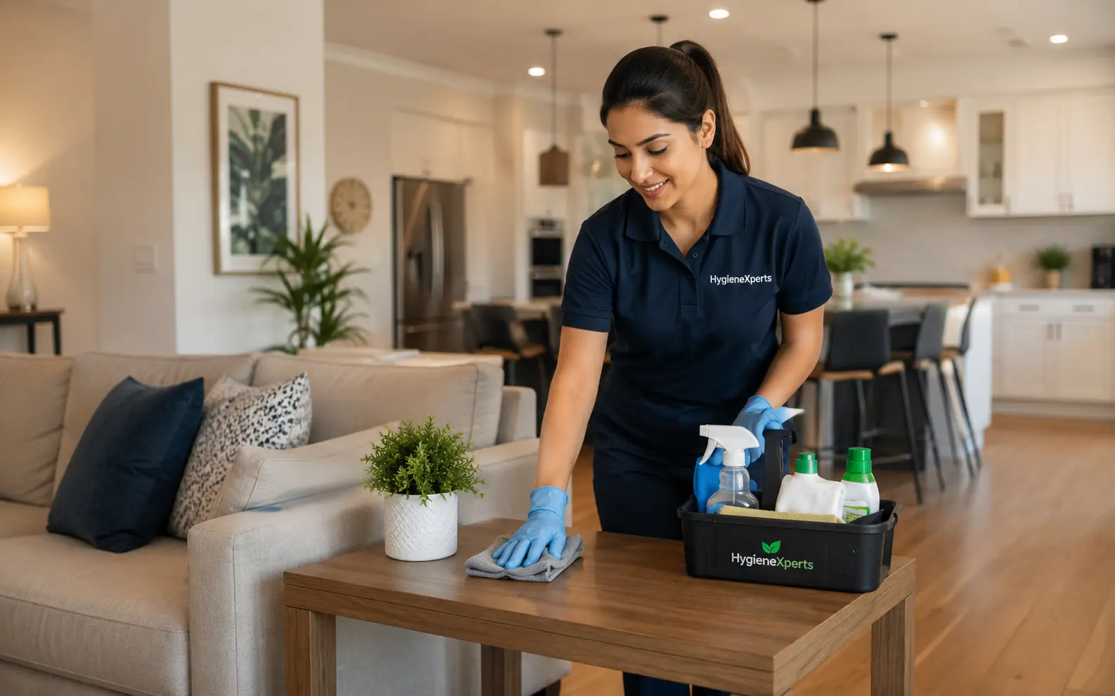 HygieneXperts cleaner wiping a side table in an open-plan living room, a caddy of cleaning products beside her